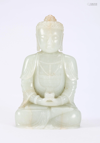 A CHINESE CARVED WHITE JADE FIGURE OF BUDD…