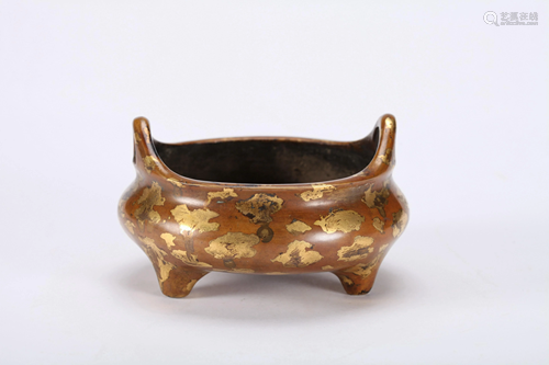 A CHINESE PARTIAL GILT CENSER, BRONZE QING…