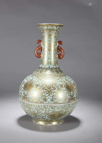 A CHINESE GILT DECORATED CELADON VASE, …