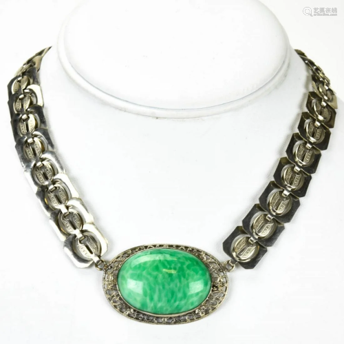 Antique Art Deco Jade Glass Cabochon Necklace