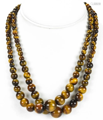 Pair Graduated Tiger's Eye Beaded Necklace Strands