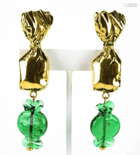 French Gilt Bonbon Green Glass Candy Drop Earri…
