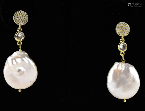 Pair Large Baroque Coin Pearl Earrings w Pave