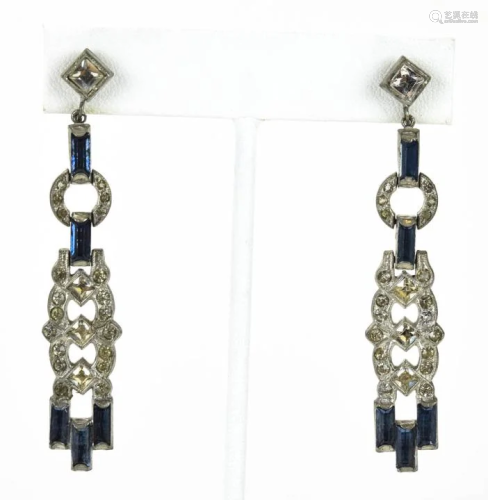 Antique Art Deco Blue & Clear Paste Earrings