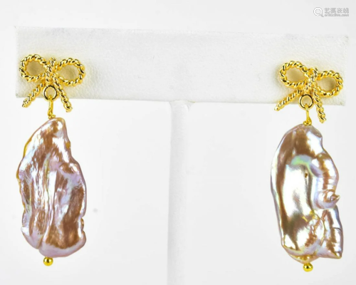 Pair of 14k Gold & Cultured Baroque Pearl Earrings