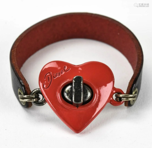 Diesel Leather Bracelet w Red Enamel Heart