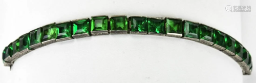 Antique C 1920s Silver & Emerald Paste Bracelet