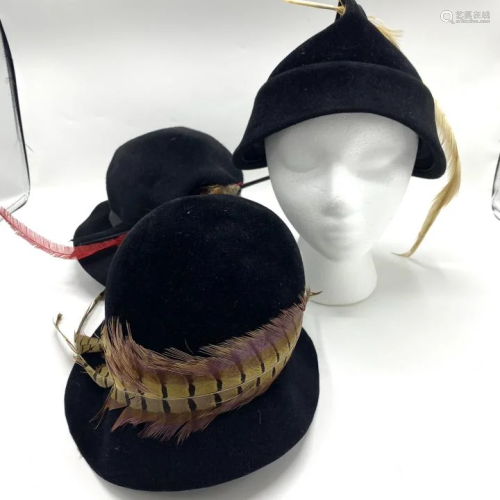 Lot of 3 Vintage 1940s Hats w Feather Decoration