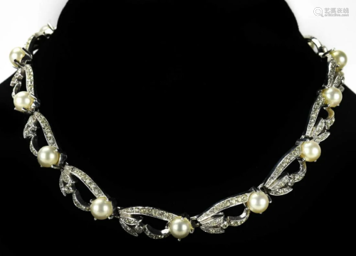 1970s Jomaz Rhodium Pearl & Pave Necklace