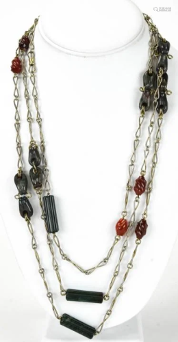 Antique Silver Link & Carved Agate Necklace