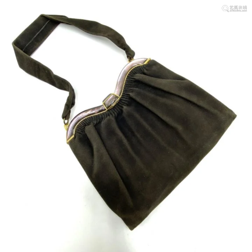 Vintage Brown Suede Bag w Mother of Pearl Frame