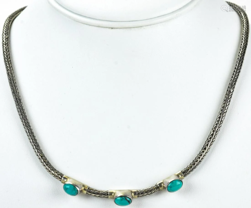 Woven Sterling Silver Cabochon Turquoise Necklace