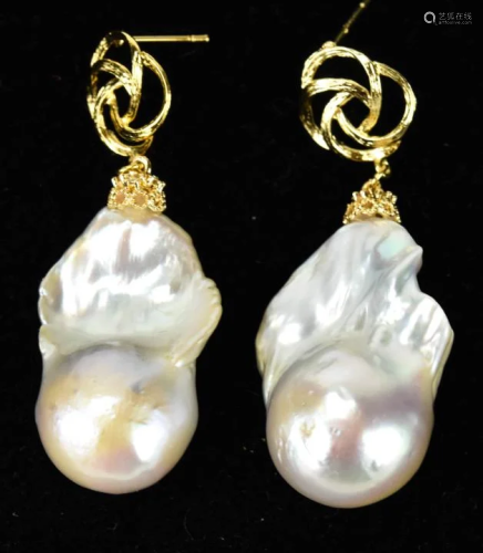 Pair of Gold Large Cultured Baroque Pearl Earrings