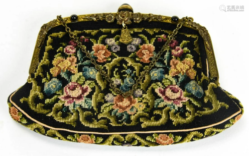 Antique Petite Point Needlepoint Purse w Caboch…