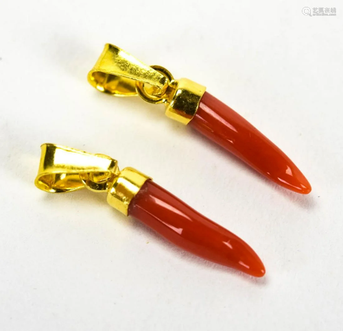 Pair Italian Neapolitan Coral Cornicello Pendants