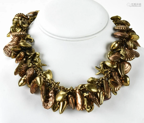 Vintage C 1940s Gilt Metal Seashell Charm Necklace