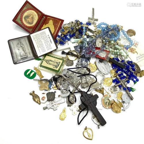 Large Lot of Vintage Religious Medals & Rosaries