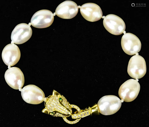 Panther Motif Bracelet w Large Baroque Pearls