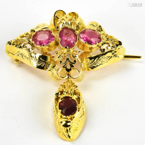 Antique Gilt Brooch w Pink Sapphire Paste Stones