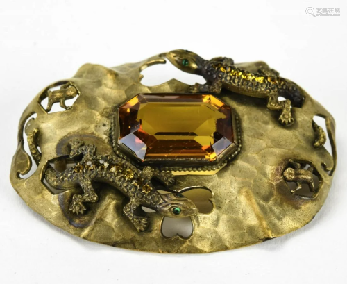 Antique C 1920 Citrine Glass & Lizard Motif Brooch