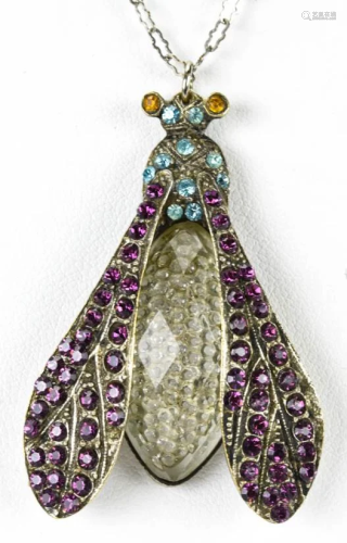 Antique C 1900 3D Jeweled Bug Necklace Pendant