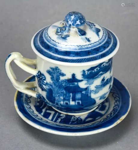 Chinese Canton Blue & White Porcelain Pudding Cup