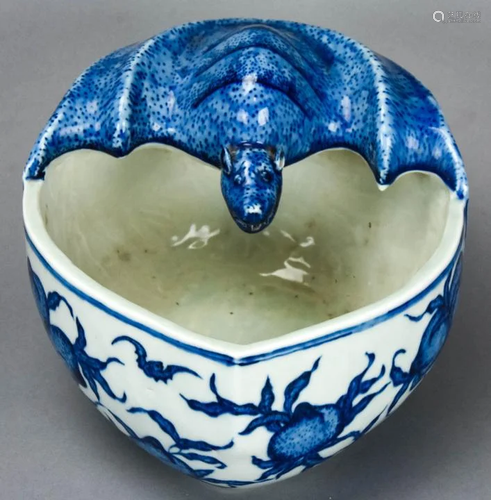 Chinese Blue & White Porcelain Bat Vessel Signed