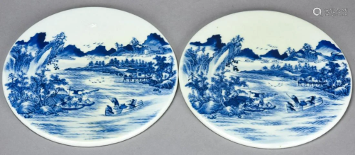 Pair Chinese Canton Blue & White Porcelain Plaques