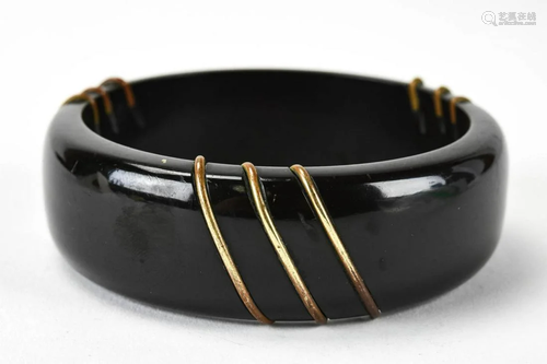 Vintage C 1940s Bakelite Inlaid w Brass Bracelet