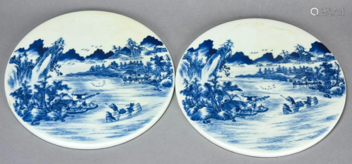 Pair Chinese Canton Blue & White Porcelain Plaques