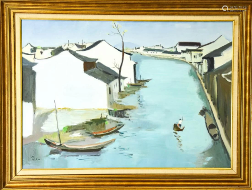 Chinese Oil Painting of Boats at Harbor Signed