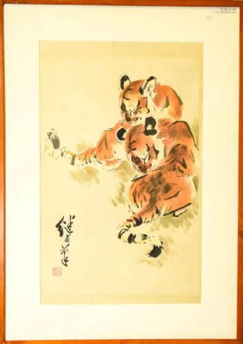 Chinese Watercolor & Ink Painting of Tigers Signed