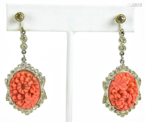 Pair Vintage 1930-40s Faux Carved Coral Earrings
