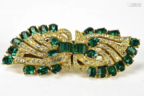 Vintage C 1940 Gilt Emerald Paste Rhinestone Clips