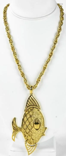 Vintage Gilt Metal Necklace Chain w Fish Pendant