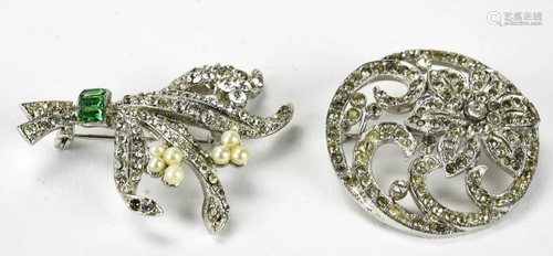 Two Vintage Rhinestone Set Floral Motif Brooches