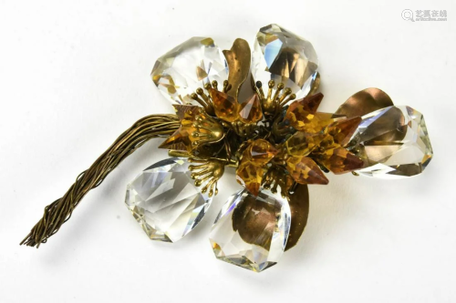 1930s Brass Wire & Chunky Crystal Floral Brooch