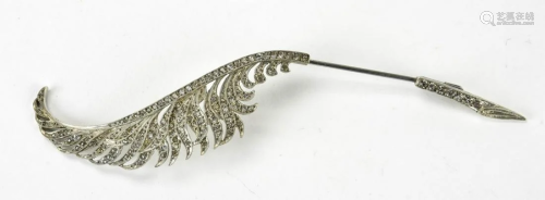 C 1920 Jabot French Sterling & Paste Feather Pin