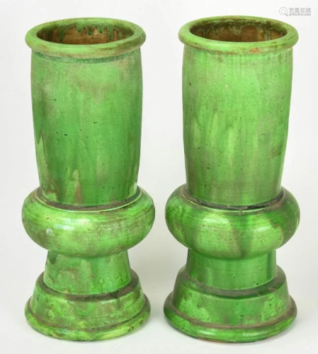 Pair Chinese Green Glaze Pottery Vessels