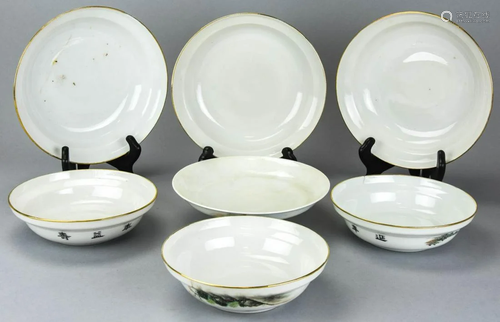 6 Chinese Hand Painted Porcelain Bowls & Compote