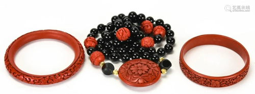 Cinnabar Bracelets + Cinnabar & Onyx Necklace