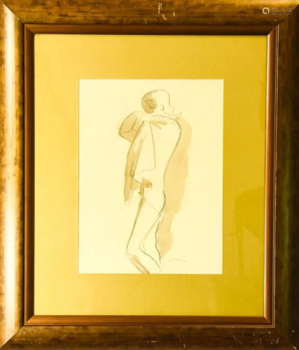Signed Charcoal & Watercolor Painting Nude Fig…