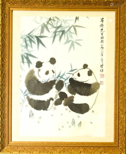 Chinese Watercolor & Ink Painting of Pandas Signed