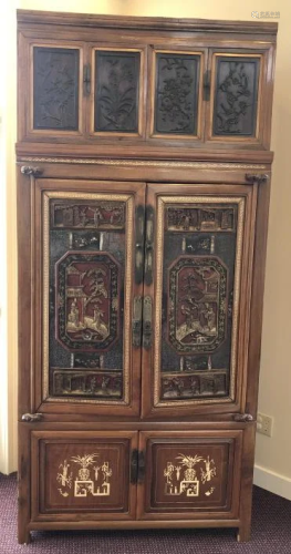 Antique Asian Heavily Carved and Inlaid Cabinet