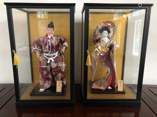 Pair of Japanese Geisha Dolls, Glass Display Cases