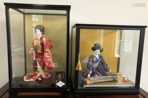 Pair of Japanese Geisha Dolls, Glass Display Cases