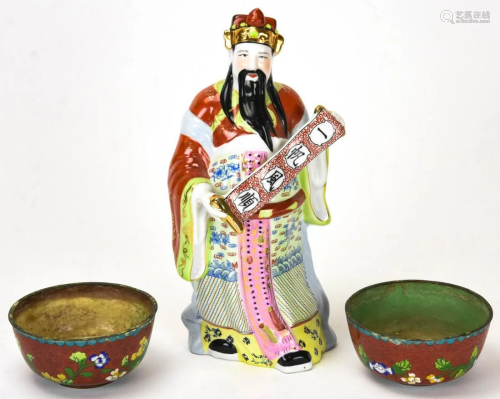 Chinese Porcelain Sage Statue & 2 Cloisonne Bowls