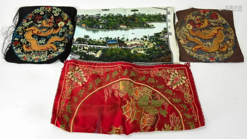 4 Chinese Hand Embroidered & Silk Tapestries