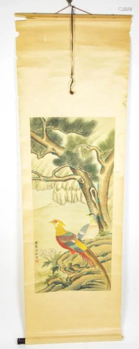 Chinese Watercolor Scroll Painting of Birds & Tree