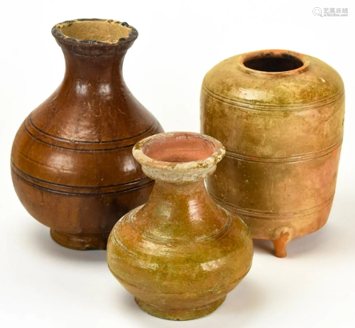3 Chinese Brown Glaze Pottery Vessels / Vases